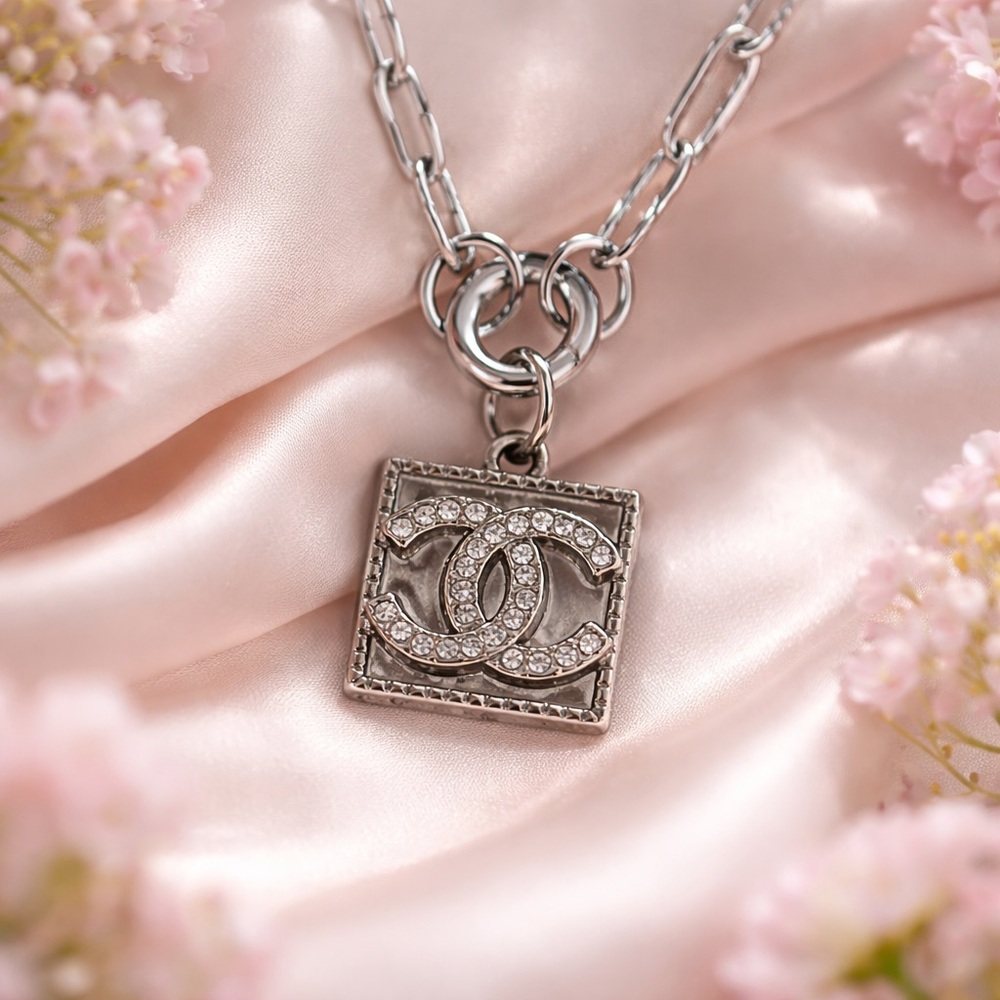 Silver Tone Chanel Zipper Pull Button Charm with Necklace Stamped on Back